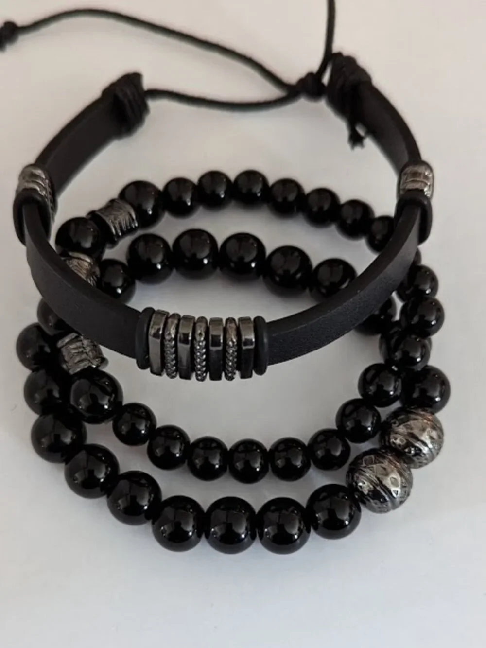 Black Leather Men Women Beaded Cuff Wristband Bracelet 3pcs Set